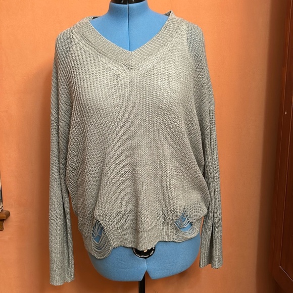 NWOT la Miel destructed v-neck sweater Seafoam green large - Picture 1 of 4